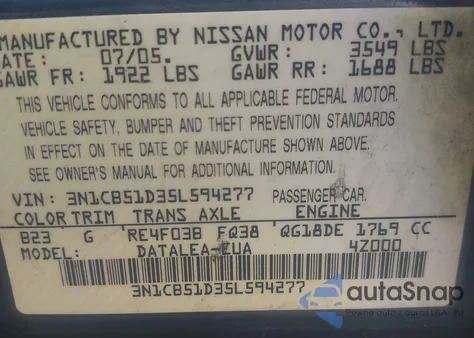 2005 Nissan Sentra 1.8S z USA, uszkodzony, nr VIN 3N1CB51D35L594277